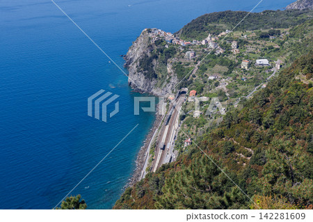 Coastal railway in Corniglia, Liguria, Italy from high telephoto perspective Coastal railway in Corniglia, Liguria, Italy from high telephoto perspective 142281609