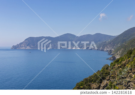 Cinque Terre in Italy along the coast of Liguria from high wide coastal perspective Cinque Terre in Italy along the coast of Liguria from high wide coastal perspective 142281618