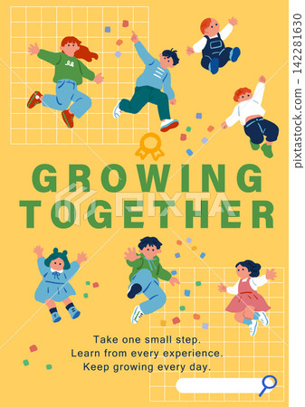 For educational content: A "GROWING TOGETHER" poster with medals and confetti that will delight five children. For educational content: A "GROWING TOGETHER" poster with medals and confetti that will delight five children. 142281630