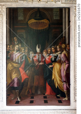 The Marriage of Virgin Mary, painting in the church of St. Victor on the Fishermen Island, one of the famous Borromeo Islands of Lake Maggiore, Italy The Marriage of Virgin Mary, painting in the church of St. Victor on the Fishermen Island, one of the famous Borromeo Islands of Lake Maggiore, Italy 142281670