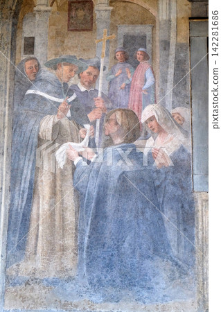 Saint Anthony heals a child, fresco by Benedetto Veli in the cloister of Santa Maria Novella Principal Dominican church in Florence, Italy Saint Anthony heals a child, fresco by Benedetto Veli in the cloister of Santa Maria Novella Principal Dominican church in Florence, Italy 142281686