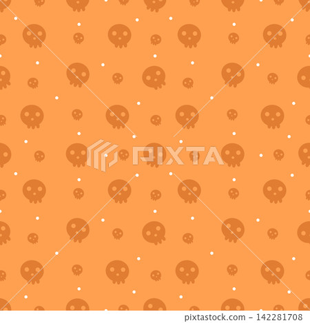 Cute Kawaii Skull Seamless Pattern on Bright Orange Background 142281708