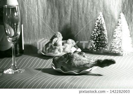 Christmas decorations: chicken, champagne, and a Christmas tree. Christmas decorations: chicken, champagne, and a Christmas tree. 142282003