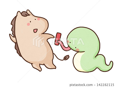 中國十二生肖的接力棒從蛇年傳遞到馬年(元旦/新年賀卡) 中國十二生肖的接力棒從蛇年傳遞到馬年(元旦/新年賀卡) 142282115