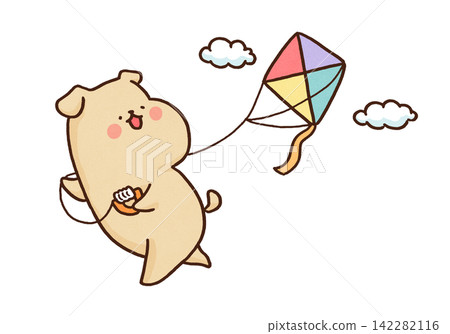 A dog happily playing with a colorful kite (a New Year's tradition). A dog happily playing with a colorful kite (a New Year's tradition). 142282116