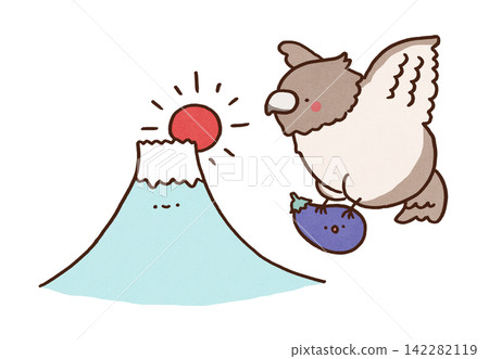 A hawk soaring near Mount Fuji, clutching an eggplant (First Fuji, second hawk, third eggplant - a traditional New Year's dream). A hawk soaring near Mount Fuji, clutching an eggplant (First Fuji, second hawk, third eggplant - a traditional New Year's dream). 142282119