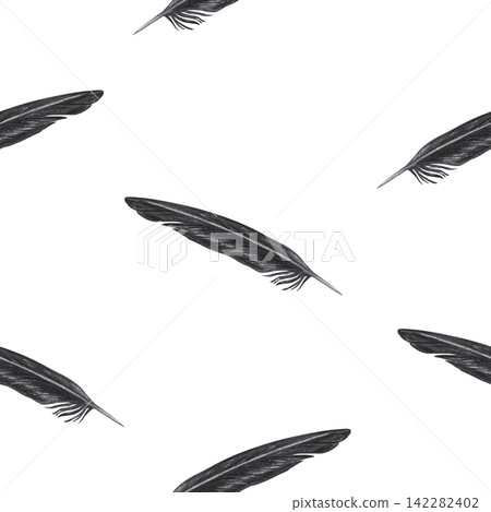 Vintage black feather seamless pattern with raven plume texture. Hand drawn charcoal quill bird wing element illustration background. Realistic detailed monochrome sketch for textile wallpaper decor Vintage black feather seamless pattern with raven plume texture. Hand drawn charcoal quill bird wing element illustration background. Realistic detailed monochrome sketch for textile wallpaper decor 142282402