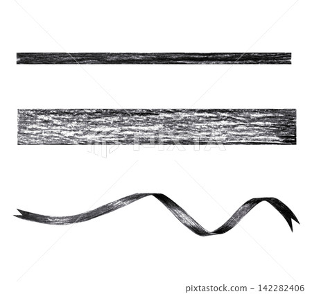 Black ribbon strand border set with straight stripes and wavy tape. Hand drawn charcoal craft accessory illustration isolated on. Realistic detailed monochrome sketch for gift decor 142282406