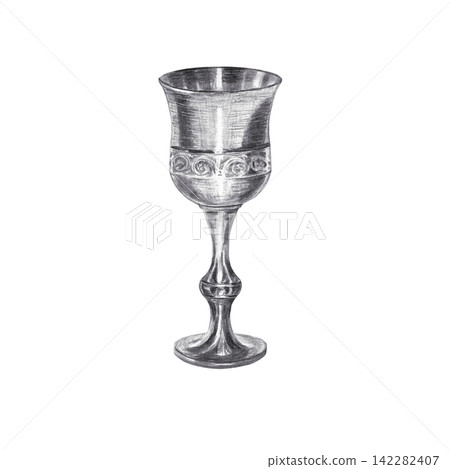 Vintage metal goblet chalice with ornament. Hand drawn black charcoal antique wine cup illustration isolated on. Realistic detailed monochrome sketch for historical decorative design. 142282407
