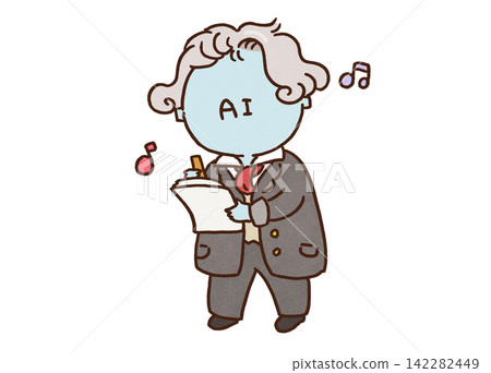 An anthropomorphic character of an AI that dresses up as Beethoven and writes sheet music (music generation/composition AI) 142282449