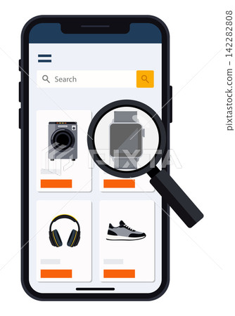 Online store product search concept on smartphone display in flat vector design style Online store product search concept on smartphone display in flat vector design style 142282808