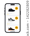 Smartphone display showing shoe catalog with discount badges in flat vector style 142282809