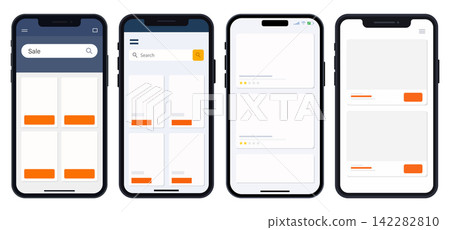 Smartphone set showing online store mobile application UI templates in flat vector design style 142282810