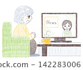 A senior woman is relaxing on a sofa, drinking coffee and watching the news on television. 142283006