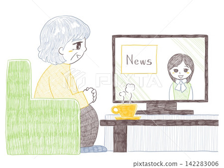 A senior woman is relaxing on a sofa, drinking coffee and watching the news on television. A senior woman is relaxing on a sofa, drinking coffee and watching the news on television. 142283006