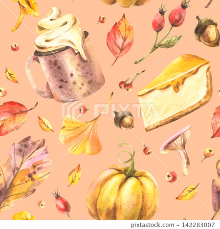 Autumn leaf fall with leaves, berries, and cozy decor, including cocoa, pie, and pumpkin. Hand-drawn watercolor illustrations. A simple seamless pattern on a peach background for textiles, packaging Autumn leaf fall with leaves, berries, and cozy decor, including cocoa, pie, and pumpkin. Hand-drawn watercolor illustrations. A simple seamless pattern on a peach background for textiles, packaging 142283007