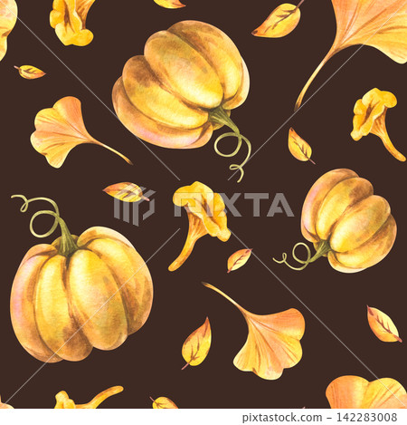 Yellow pumpkins, autumn leaves, and chanterelle mushrooms. Hand-drawn watercolor illustrations. Seamless pattern on a dark brown background for textiles, packaging, and seasonal sale design backdrops. Yellow pumpkins, autumn leaves, and chanterelle mushrooms. Hand-drawn watercolor illustrations. Seamless pattern on a dark brown background for textiles, packaging, and seasonal sale design backdrops. 142283008