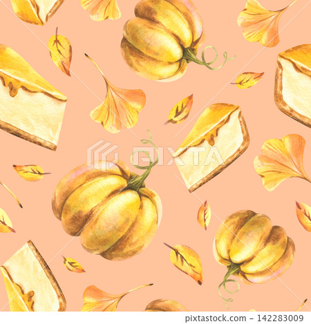 Yellow pumpkins, cheesecake, and autumn leaves. Hand-drawn watercolor illustrations. Seamless pattern on a peach background for textiles, packaging, and seasonal sale design backgrounds. Yellow pumpkins, cheesecake, and autumn leaves. Hand-drawn watercolor illustrations. Seamless pattern on a peach background for textiles, packaging, and seasonal sale design backgrounds. 142283009