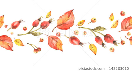 Hand painted watercolor autumn pattern with leaves, berries, and botanical branches. Seasonal harvest background with copy space for Black Friday sale banner and greeting card design. Seamless border Hand painted watercolor autumn pattern with leaves, berries, and botanical branches. Seasonal harvest background with copy space for Black Friday sale banner and greeting card design. Seamless border 142283010