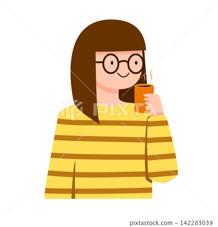 Glasses woman is holding a coffee cup. Portrait for illustration and element Glasses woman is holding a coffee cup. Portrait for illustration and element 142283039