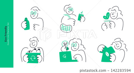 Eco friendly concept. Doodle line character set illustrating recycling, reusable products, plant care and sustainable lifestyle themes. Eco friendly concept. Doodle line character set illustrating recycling, reusable products, plant care and sustainable lifestyle themes. 142283594