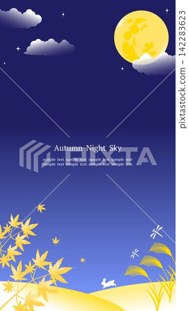 A frame featuring autumn leaves and pampas grass, depicting an autumn night sky and the moon. Vertical 16:9 aspect ratio. A frame featuring autumn leaves and pampas grass, depicting an autumn night sky and the moon. Vertical 16:9 aspect ratio. 142283623