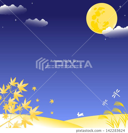 方形畫框,描繪了秋夜的星空和月亮,點綴著秋葉和蒲葦。 方形畫框,描繪了秋夜的星空和月亮,點綴著秋葉和蒲葦。 142283624