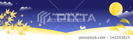 秋夜星空與月亮相框，配上秋葉和蘆葦草（適用於網頁橫幅） 142283625