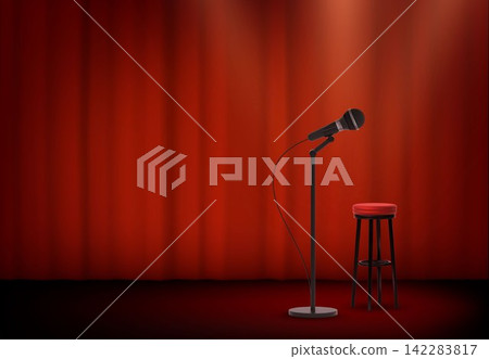 3D microphone stage background with theater curtains and stool 3D microphone stage background with theater curtains and stool 142283817