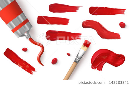 Red paint brush stroke, paint tube and brush, vector 3d realistic oil acrylic paint stripe, textured dye artistic design Red paint brush stroke, paint tube and brush, vector 3d realistic oil acrylic paint stripe, textured dye artistic design 142283841