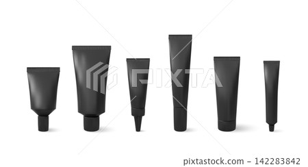 Black metal tubes with different applicator tips vector set, 3D realistic cosmetic products package mock up for branding Black metal tubes with different applicator tips vector set, 3D realistic cosmetic products package mock up for branding 142283842
