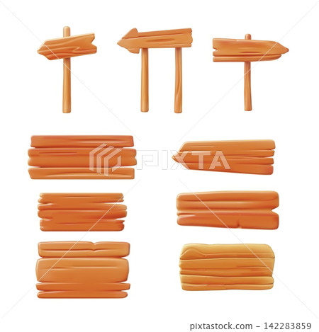 Wooden arrow pointers and signboard 3D cartoon style vector set, realistic rustic wood direction or information signpost Wooden arrow pointers and signboard 3D cartoon style vector set, realistic rustic wood direction or information signpost 142283859