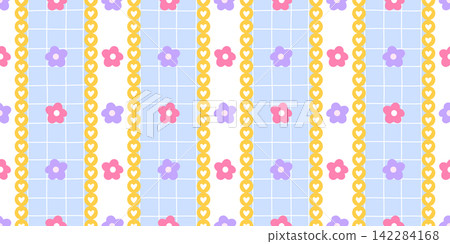 Seamless cute heart with pattern kawaii gingham and girly vector flower. Daisy simple valentines with pink romantic love and vintage texture baby. Tiny blossom stripe with design fashion. 142284168