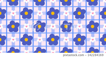 Daisy gingham girly and heart flower pattern with cute vector kawaii. Seamless baby design and simple coquette dot with fashion wallpaper core. Damask pretty cottage and ditsy stripe spring. 142284169