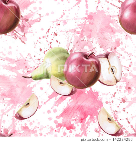 A seamless pattern with whole and sliced pears and apples on a pink background. Ideal for food packaging, juices, baby products, printed materials, theme parties, and cookbook covers. A seamless pattern with whole and sliced pears and apples on a pink background. Ideal for food packaging, juices, baby products, printed materials, theme parties, and cookbook covers. 142284293