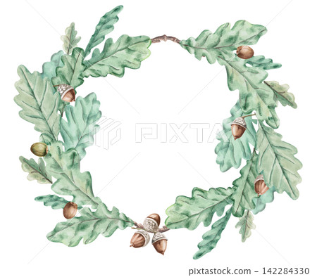 A wreath of oak leaves and acorns. Perfect for creating greeting cards, seasonal decor, themed websites, and label designs for natural cosmetics and bath accessories. A wreath of oak leaves and acorns. Perfect for creating greeting cards, seasonal decor, themed websites, and label designs for natural cosmetics and bath accessories. 142284330