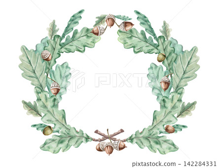 An oval wreath of oak leaves and acorns. Suitable for creating greeting cards, seasonal decor, themed websites, and label designs for natural cosmetics and bath accessories. An oval wreath of oak leaves and acorns. Suitable for creating greeting cards, seasonal decor, themed websites, and label designs for natural cosmetics and bath accessories. 142284331