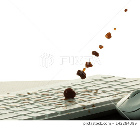 Morning Coffee spill on keyboard mouse and splashing around. Black Coffee drink accident fall spill all over keyboard computer. White background isolated element Morning Coffee spill on keyboard mouse and splashing around. Black Coffee drink accident fall spill all over keyboard computer. White background isolated element 142284389