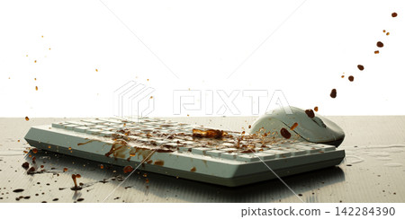 Morning Coffee spill on keyboard mouse and splashing around. Black Coffee drink accident fall spill all over keyboard computer. White background isolated element Morning Coffee spill on keyboard mouse and splashing around. Black Coffee drink accident fall spill all over keyboard computer. White background isolated element 142284390