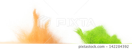 Small size orange green Sand flying explosion, fruit sands grain wave explode. Abstract cloud fly. Orange green colored sand splash throwing in Air. White background Isolated high speed shutter Small size orange green Sand flying explosion, fruit sands grain wave explode. Abstract cloud fly. Orange green colored sand splash throwing in Air. White background Isolated high speed shutter 142284392