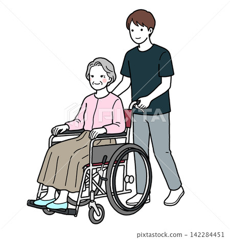協助一位坐在輪椅上的老婦人(角度略有傾斜) 協助一位坐在輪椅上的老婦人(角度略有傾斜) 142284451