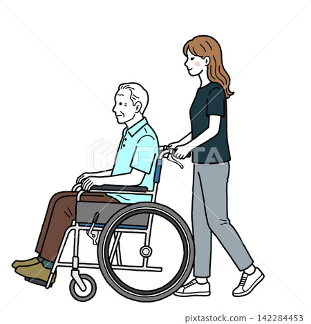An elderly man in a wheelchair and his caregiver/side 142284453