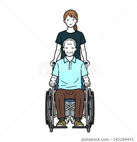 坐在輪椅上的老人和他的護理人員（正面視角） 142284455