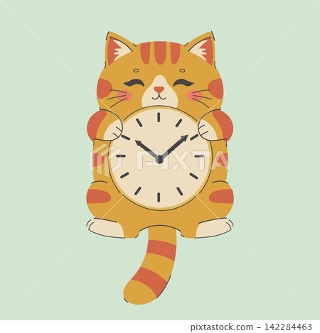 Cute cartoon orange tabby cat wall clock illustration with pendulum tail Cute cartoon orange tabby cat wall clock illustration with pendulum tail 142284463