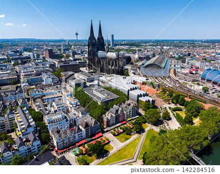 High angle wide horizontal aerial drone photograph of Cologne Cathedral, Central Station, Museum Ludwig, Altstadt, and city skyline in Cologne, North Rhine-Westphalia, Germany, Central Europe High angle wide horizontal aerial drone photograph of Cologne Cathedral, Central Station, Museum Ludwig, Altstadt, and city skyline in Cologne, North Rhine-Westphalia, Germany, Central Europe 142284516