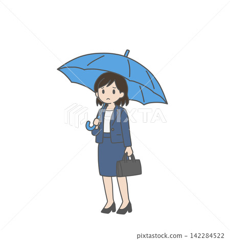 A female employee with a troubled expression, holding a blue umbrella. A female employee with a troubled expression, holding a blue umbrella. 142284522