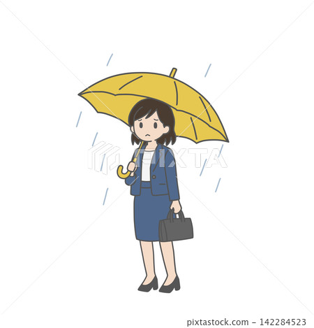 A female employee with a troubled expression is holding a yellow umbrella in the rain. A female employee with a troubled expression is holding a yellow umbrella in the rain. 142284523