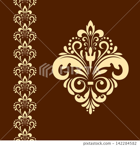 Damask graphic ornament. Floral design element. Golden and brown vector pattern 142284582