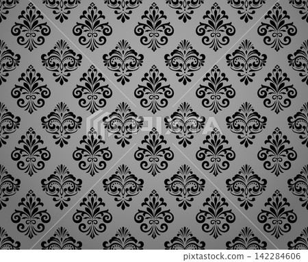 Floral pattern. Seamless vector background. Vintage wallpaper in the Baroque style. Gray and black ornament for fabric, wallpaper, packaging. Ornate Damask flower illustration Floral pattern. Seamless vector background. Vintage wallpaper in the Baroque style. Gray and black ornament for fabric, wallpaper, packaging. Ornate Damask flower illustration 142284606