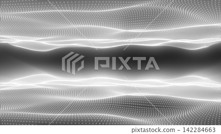 Monochrome glowing particle landscape with white dotted waves, dark horizon, and abstract futuristic light patterns. Monochrome glowing particle landscape with white dotted waves, dark horizon, and abstract futuristic light patterns. 142284663